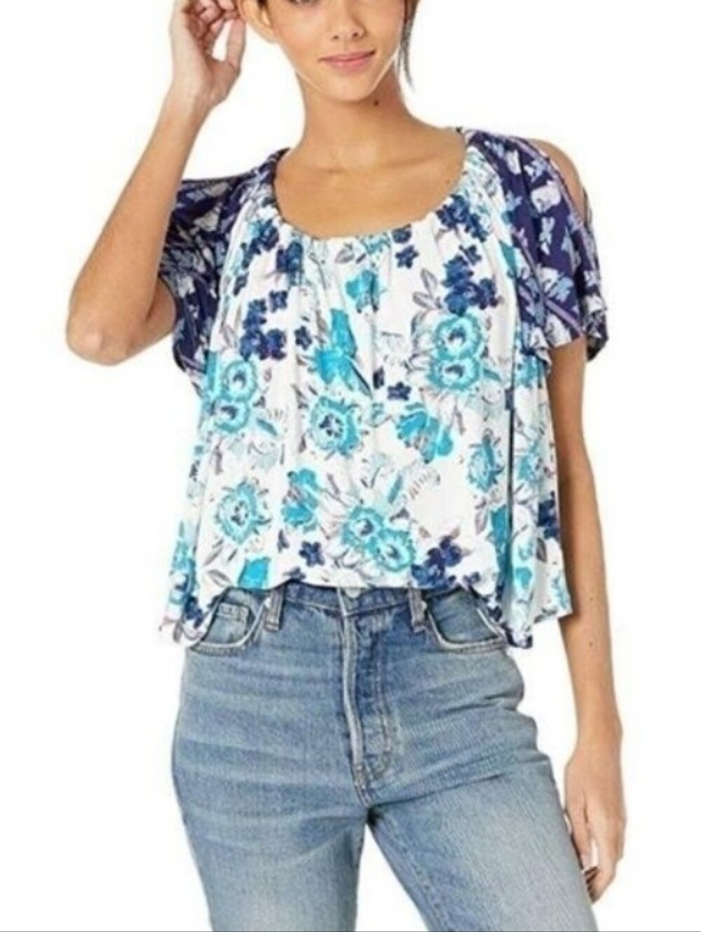 Free People Blue Floral Boho Baja Babe Open Tie Back Cold Shoulder Top XS NWT